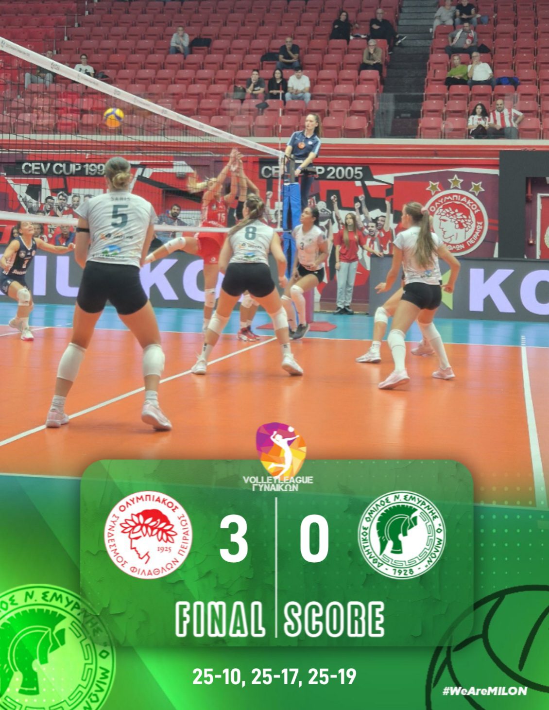 Ήττα για τον Μίλωνα από τον Ολυμπιακό με 3-0 σετ